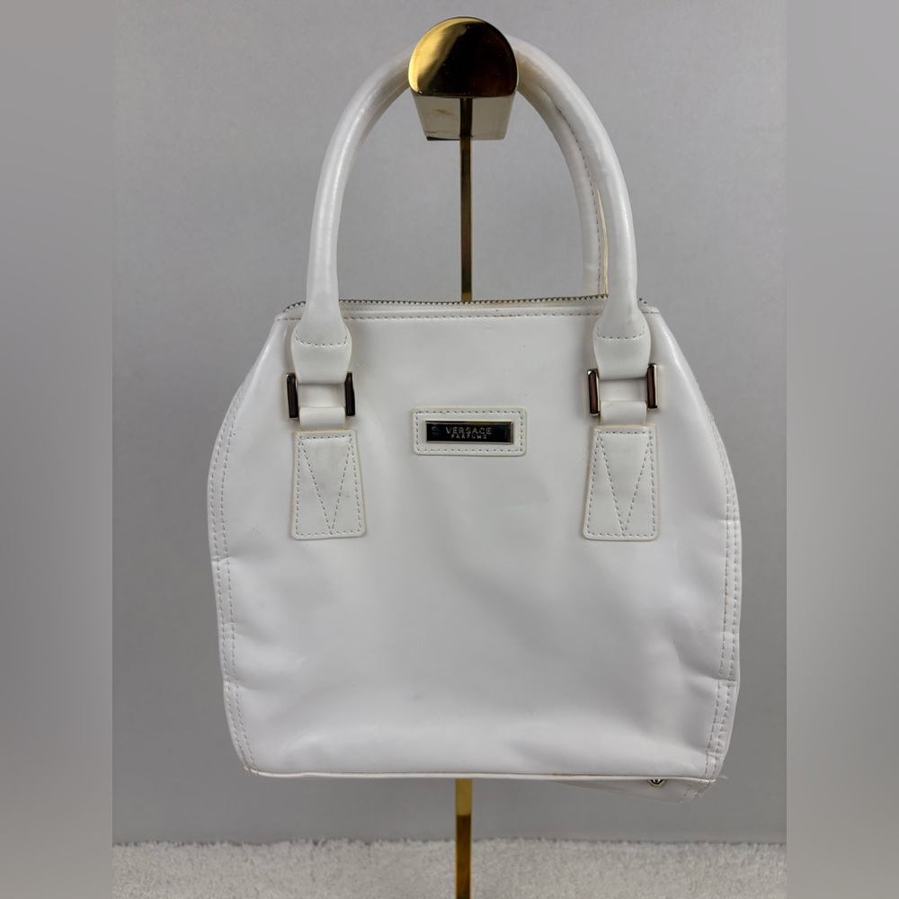 Versace Parfums Top Handle Bag-White Patent Faux Leather-Dual Rolled Handles